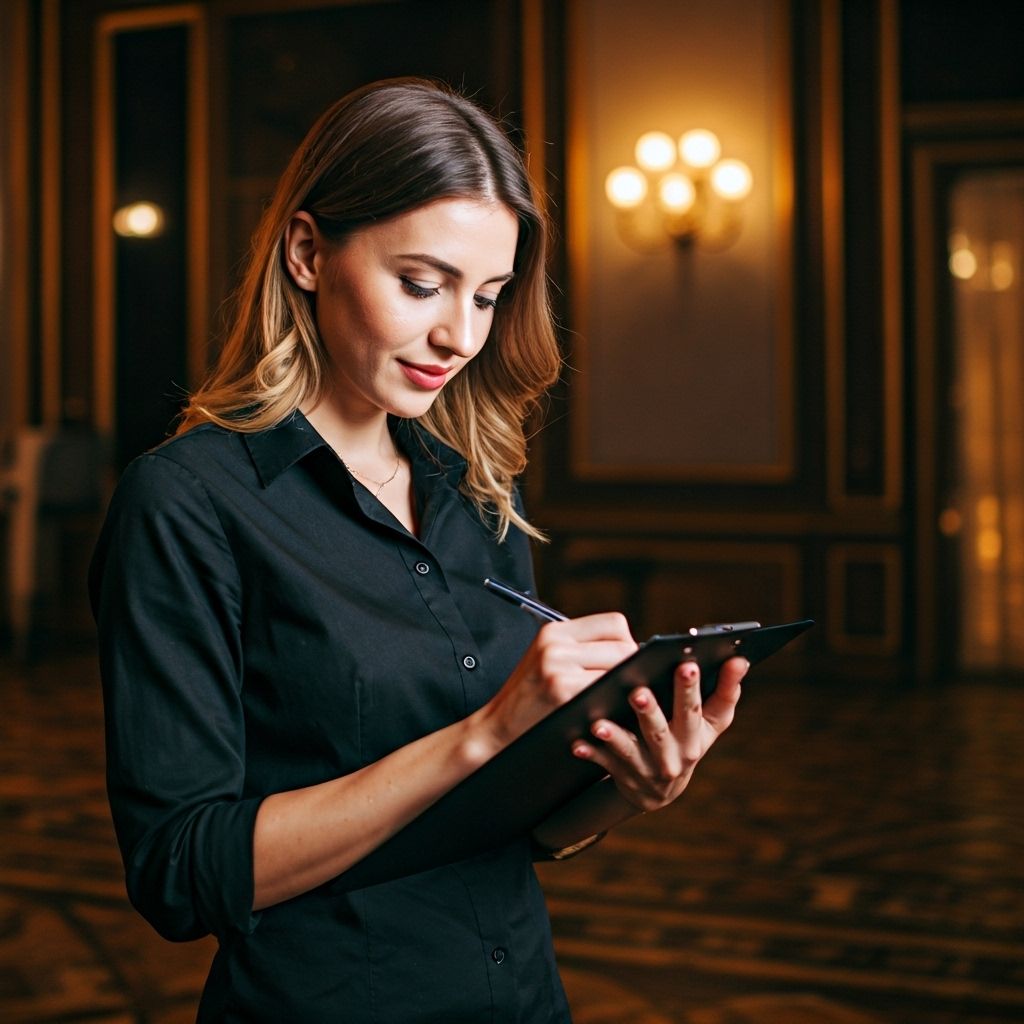 Professional event coordinator with clipboard managing event details